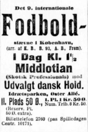 Avisannonce for Hearts-kampen 16. maj 1912, der blev udsat